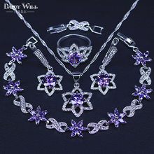 Conjunto de joyería de circón cúbico púrpura para mujer, conjunto de joyería de Color plateado, pulsera, pendientes, collar, conjunto de anillos colgantes 2024 - compra barato