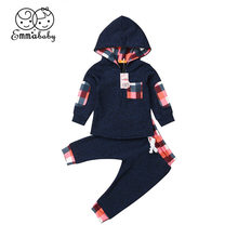 Bebé niño ropa conjunto bebé Traje a cuadros sudaderas con capucha largo cordón pantalones 2 piezas recién nacido chico ropa 0-3 T 2024 - compra barato