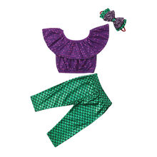 Conjunto de roupa de sereia para meninas, 3 peças, blusa curta de bolinhas e lantejoulas, calça longa, legging, tiara para crianças, verão, 2019 2024 - compre barato