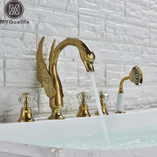 Widespread Swan Bathtub Faucet Golden Tub Mixer Tap Deck Mounted 3 Handle Swan Bath Shower Set with Pull Out Handshower Head 2024 - buy cheap