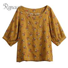 Romacci oversized algodão linho blusa feminina vintage floral impressão 3/4 manga casual solto camisa boêmio verão camisa superior 2019 2024 - compre barato