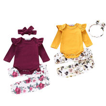 Комплект одежды для маленьких девочек, однотонный комбинезон с оборками на рукавах, штаны с цветочным принтом и повязка на голову, 3 предмета, на осень 2024 - купить недорого