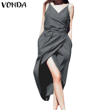 VONDA Women Cotton Dress 2019 Summer Sexy V-Neck Sleeveless Spaghetti Strap Party Dresses Asymmetrical Mid-Calf Vestidos 2024 - buy cheap