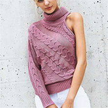 Blusa de malha de um ombro feminina com design vogue, blusa de malha em cor sólida para mulheres, manter o calor slim, gola alta 2024 - compre barato