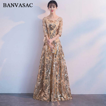 BANVASAC Elegant O Neck Sequined Appliques A Line Long Evening Dresses Party Half Sleeve Lace Up Backless Prom Gowns 2024 - buy cheap