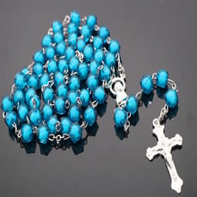 Blue crystal pearl necklace catholic rosary necklace holy place holy infant religious cross necklace men and women easter gifts 2024 - buy cheap