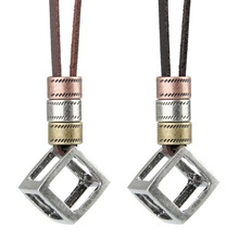Vintage Women Men Adjustable Leather Rope Chain Necklace Shellhard Hollow Square Cube Pendant Necklace Unisex Simple Jewelry 2024 - buy cheap