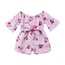 Macacão floral de verão para bebês, princesa, meninas, ombro a ombro, manga solta, laço listrado, macacão, roupas 2024 - compre barato