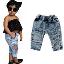 Emmaaby/модные детские джинсовые штаны для маленьких девочек эластичные Стрейчевые брюки, джинсы одежда с рваными дырками От 1 до 5 лет для маленьких девочек 2024 - купить недорого