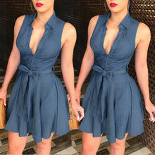 2019 Newest Hot Fashion Women Sexy Sleeveless Deep V Neck Denim Blue Dress Belted Party Summer Short Mini Dress 2024 - buy cheap