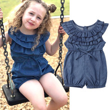 Lovely Kids Baby Girls Denim Romper Sleeveless Ruffles High Waist Bow Short Pants Jumpsuit Solid Sunsuits Summer Clothes 6M-4Y 2024 - buy cheap