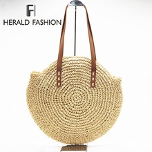 Herald fashion-bolsa de praia feminina, redonda, de palha, casual, tecida à mão, boêmia, feita à mão, de ombro, para férias, verão, rattan 2024 - compre barato