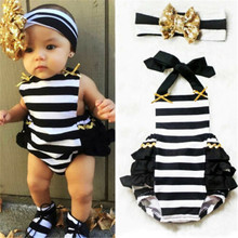 0-24M Toddler Newborn Baby Girl Stripe Ruffle Bodysuit Headband 2pcs Princess Sunsuit Jumpsuit Cute Casual Clothes Set 2024 - buy cheap