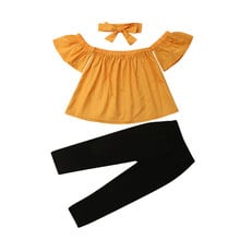 Комплект из 3 предметов для маленьких девочек; короткий топ с открытыми плечами; длинные штаны; одежда с повязкой на голову; детская одежда; летняя одежда для девочек из хлопка 2024 - купить недорого