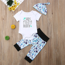 0-18M Baby Boys Clothes Set 3 pcs Letter Tops T-Shirt For Boy Blue Litter Fishes Print Long Pants Baby Cap Newborn Baby Boy Set 2024 - buy cheap