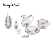 MagiDeal Porcelain 8Pcs/Set Dollhouse Bathroom Accessory Floral Ceramic Children Toys Decoration Pastel Rose 2024 - buy cheap