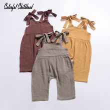 Cotton linen suspender overalls baby boy/girls bowknot jumpsuit infant kids onesies toddler outfits summer 2024 - buy cheap
