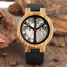 Relógio analógico masculino, relógio de quartzo da árvore da vida criativa, couro genuíno preto, relógio retrô de madeira para homens 2024 - compre barato