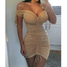 Women's Bodycon Mini Dress Short Sleleve Off Shoulder Drawstring Solid Sexy Club Dresses 2024 - buy cheap
