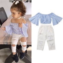 2-6 anos Crianças Set Azul Listrado Meninas Camisa Alargamento Mangas Crianças Encabeça Branco Longo Buraco Calças Para Meninas conjunto de roupas Ternos 2024 - compre barato