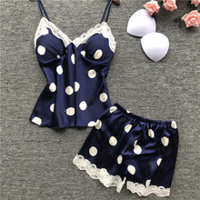 Printing Polka Dot Spaghetti Strap With Chest Pad Women Pajamas V-Neck Sexy Lace Female Lingerie 2024 - buy cheap