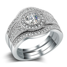 Huitan vintage 3pc anel de casamento conjunto com redondo brilhante zircônia cúbica moldura definir luxo jóias anéis de noivado para mulher 2024 - compre barato