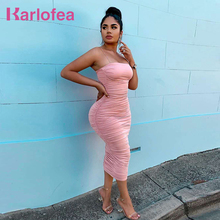 Karlofea Women Fashion Ruched Strap Dress Sexy Club Party Mid-Calf Vestidos Summer Casual Slim Outfits Gown Bodycon Midi Dresses 2024 - buy cheap