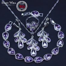 Silver Color White Purple Crystals Leaf Jewelry Sets for Women Wedding High Quality Necklace Earrings Bracelets Ring Set 2024 - buy cheap