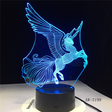 Lámpara de dibujos animados de Unicornio, alas grandes, luz de noche LED 3D, para fiesta, 7 colores cambiantes, para dormitorio de bebé, regalos para AW-3199 2024 - compra barato