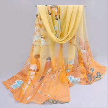Модный повседневный шифоновый женский цветочный шарф, Шейная шаль, женский шарф, теплые шарфы желтого, синего, фиолетового цветов 2024 - купить недорого