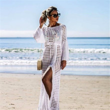 Summer Sexy Women Knitted Bikini Cover Up Dress Lady Openwork Knit Full-Length Beach Dress Bell Sleeve Perspective Tunic Dress 2024 - buy cheap