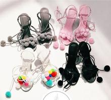 Sandalias de tacón alto con correa para mujer, zapatos coreanos de pelo Rosa, con punta abierta y lazo, sandalia con tacón de aguja, con cordones, novedad de verano 2019 2024 - compra barato
