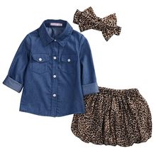 2018 летняя Милая одежда для маленьких девочек из 3 предметов, летние джинсовые топы для малышей + юбка-брюки с леопардовым принтом, комплекты детской одежды для девочек 2024 - купить недорого