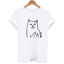 Camiseta de manga corta con estampado de gato para mujer, Tops informales de cuello redondo Harajuku, ropa de calle femenina Qy * 2024 - compra barato