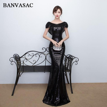 BANVASAC 2019 O Neck Elegant Mermaid Sequined Long Evening Dresses Party Short Cap Sleeve Backless Prom Gowns 2024 - buy cheap