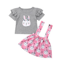 Lovely Infant Kids Baby Girl Summer Clothes Ruffles Sleeve Flower Rabbit T-shirt Tops Suspender Skirt Headband 3PCS Clothing Set 2024 - buy cheap