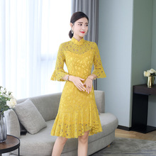 Qipao vestido feminino de renda, vestido elegante chinês para meninas, mini vestido casual de noite, moda chinesa, 2019 2024 - compre barato