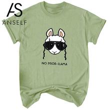 Anself oversized t shirt 2020 Summer Women No Prob Llama T-Shirt Cute Cartoon Head Print O Neck Short Sleeve Cotton Casual Top 2024 - buy cheap