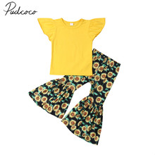 2019 nova marca 1-6y criança crianças bebê meninas babados manga curta amarelo t-shirts topos + floral impressão flare calças 2 pçs conjuntos de verão 2024 - compre barato