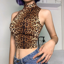 Top short feminino estampado de leopardo, regata sem mangas gola alta, camiseta curta 2018 2024 - compre barato