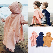 Capa larga con capucha para niños y niñas, abrigos informales con borlas, Poncho suelto de lino, prendas de vestir sólidas, ropa de playa de 6m a 4 años 2024 - compra barato