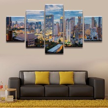 Pintura de lona impressa para sala de estar, 5 painéis, edifício, cidade, skyscraper, da tailândia, arte de decoração 2024 - compre barato