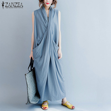 ZANZEA Maxi Dress Oversized Dress Women Sleeveless Deep V Neck Long Vestidos Casual Solid Pockets Summer Sundress Womens Dresses 2024 - buy cheap