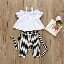 2 Pcs Conjunto de Crianças Do Bebê da criança Da Menina Fora Do Ombro Tops T-Shirt Branco Da Listra Longo Calças Crianças Roupas de Verão Conjunto de Roupas sunsuit 2024 - compre barato