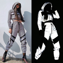 Reflective TWO PIECE SET Women Glitter Tracksuit Jogger Pants Sparkly Track Suit Crop Top Hoodies Striped Long Sleeve Streetwear 2024 - buy cheap