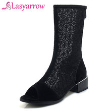 Lasyarrow 2019 Mid Calf boots for women hollow out summer shoes zipper simple sexy peep toe Med heel shoes woman Black Plus Size 2024 - buy cheap