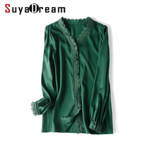 SuyaDream Women Blouse 100% REAL SILK SATIN Long Sleeved Lace Blouses V neck 2022 Spring Autumn Office lady Green Chic Shirt 2024 - buy cheap