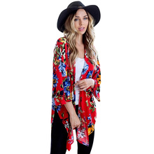 Женское кимоно с цветочным принтом, Свободная Повседневная Блузка с рукавами-колоколами И АСИММЕТРИЧНЫМ ПОДОЛОМ 2024 - купить недорого