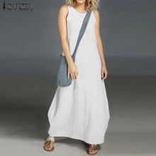 2022 ZANZEA Summer Maxi Dress Vintage Women Sleeveless Cotton Linen Dress Robe Femme Solid Loose Sundress  Party Vestido 2024 - buy cheap