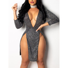 Sexy Deep V-Neck Party Dress Women Sexy Dress Sparkly Long Sleeve Bandage Bodycon Mini Dress Party Gown Clubwear 2024 - buy cheap